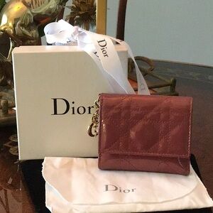 Authentic Lady Dior Lotus Trifold Patent Leather Compact Folding Wallet w/ Charm